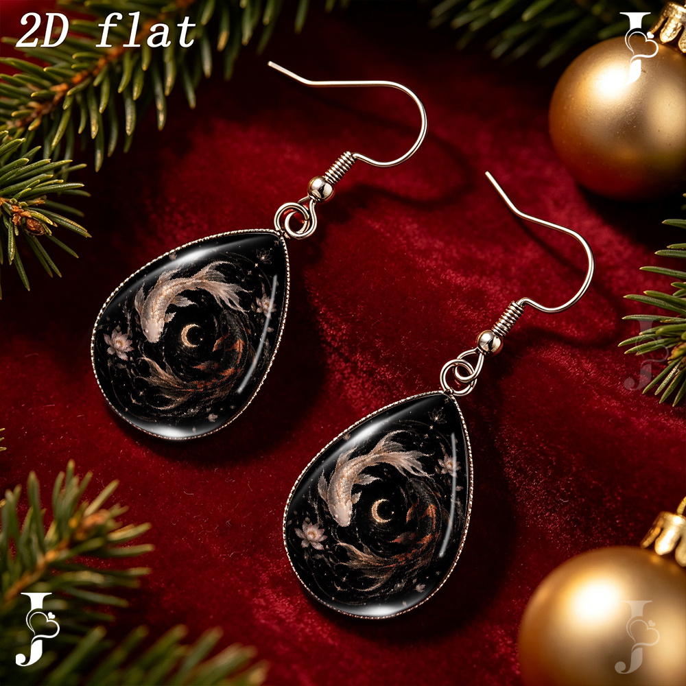 Teardrop Dangle Earrings with Koi Fish & Lotus Swirl Pattern